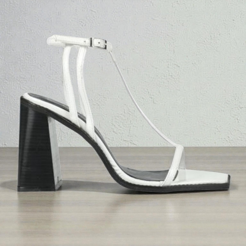 L'Intervalle Women's White Leather Black Chunky Heeled Sandals